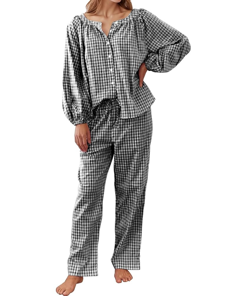 Flygo Womens Gingham Pajama Set 2 Piece Cotton Plaid Raglan Sleeve Button Top Straight Leg Pants ... | Amazon (US)