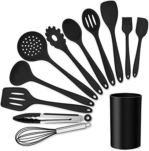 LIANYU 12-Piece Black Silicone Kitchen Cooking Utensils Set with Holder, Kitchen Tools Include Slott | Amazon (US)