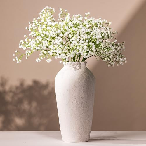 Laurel&Vine 12" Tall White Ceramic Vase, Speckled Textured Minimalist, with 15 Stems of 22" Faux Artificial White Babys Breath, Farmhouse Console Centerpiece Decor, Real Touch Fake Flowers in Vase | Amazon (US)