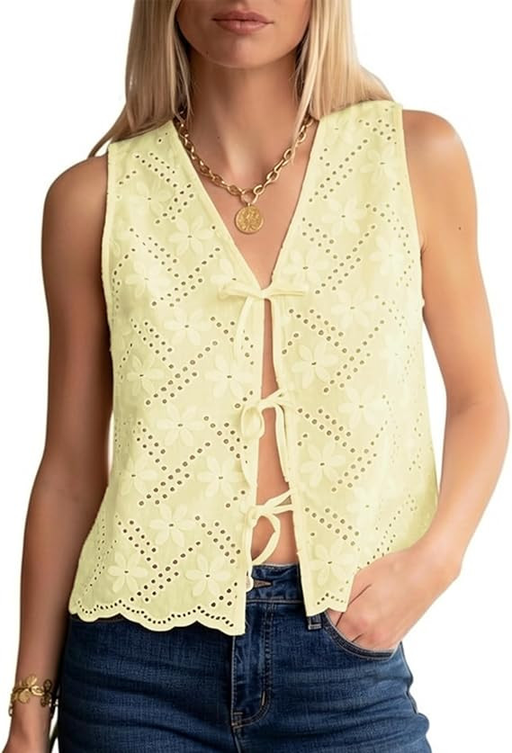 Lingswallow Women's Summer Sleeveless Top V-Neck Front Tie Eyelet Embroidery Scalloped Hem Casual... | Amazon (US)