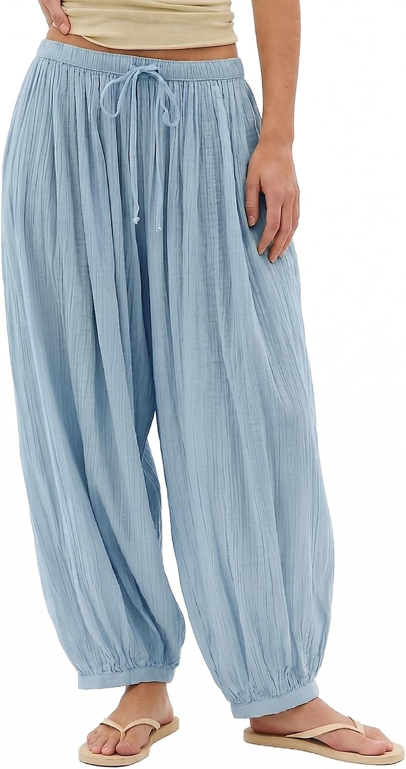 Jenkoon Womens Balloon Pants Summer Flowy Wide Leg Pants Cotton Blend Drawstring Vacation Beach Pants | Amazon (US)