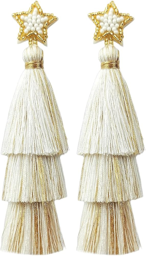 White Boho Tassel Earrings, Long Beaded Christmas Drop Earrings for Women Xmas Earrings for Girls... | Amazon (US)