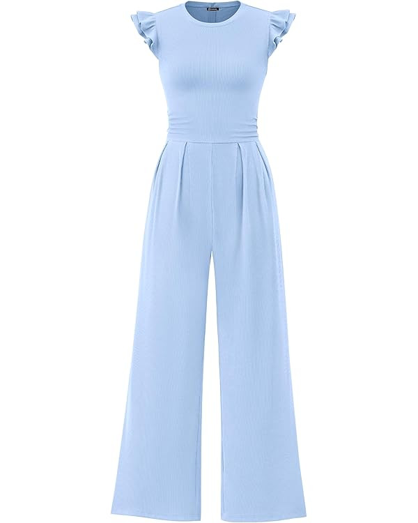 PRETTYGARDEN Summer Jumpsuits for Women Dressy 2025 Casual Ruffle Cap Sleeves Romper Crew Neck Ri... | Amazon (US)