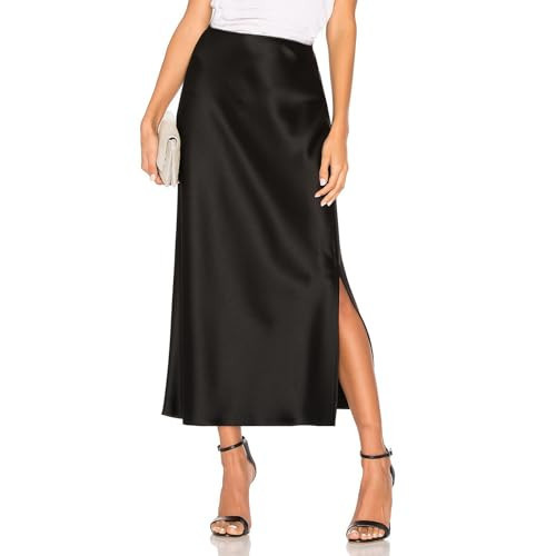Women's Satin Midi Skirt Dressy Elastic High Waisted Silk Slip Flowy Ruffle Flared Cocktail Party Work A Line Skirts Black | Amazon (US)