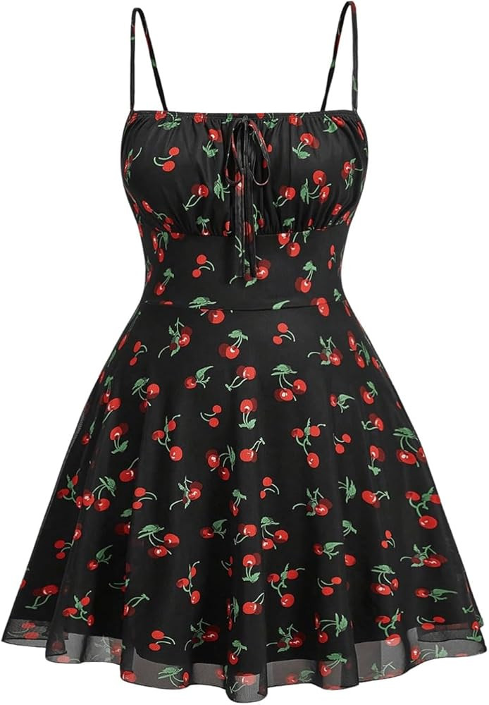 WDIRARA Women's Plus Size Cherry Print Tie Front Ruffle Hem A Line Cami Dress | Amazon (US)
