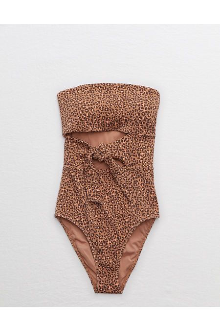 Aerie Ribbed Leopard Wrap Bandeau One Piece Swimsuit | American Eagle Outfitters (US & CA)