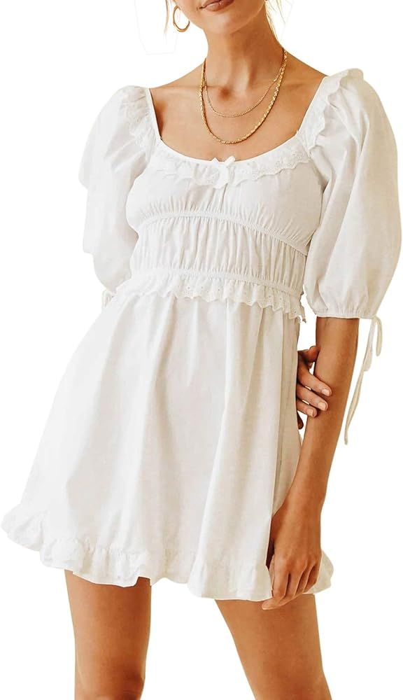 R.Vivimos Womens Summer Cotton Puff Sleeves Square Neckline Ruffle Casual Swing Mini Dress | Amazon (US)