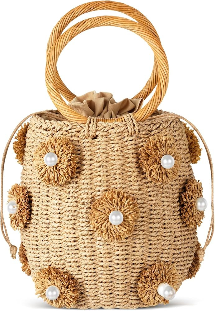 Frienda Summer Straw Bags for Women - Beach Drawstring Straw Bucket Tote Pearl Flower Diamond Rat... | Amazon (US)