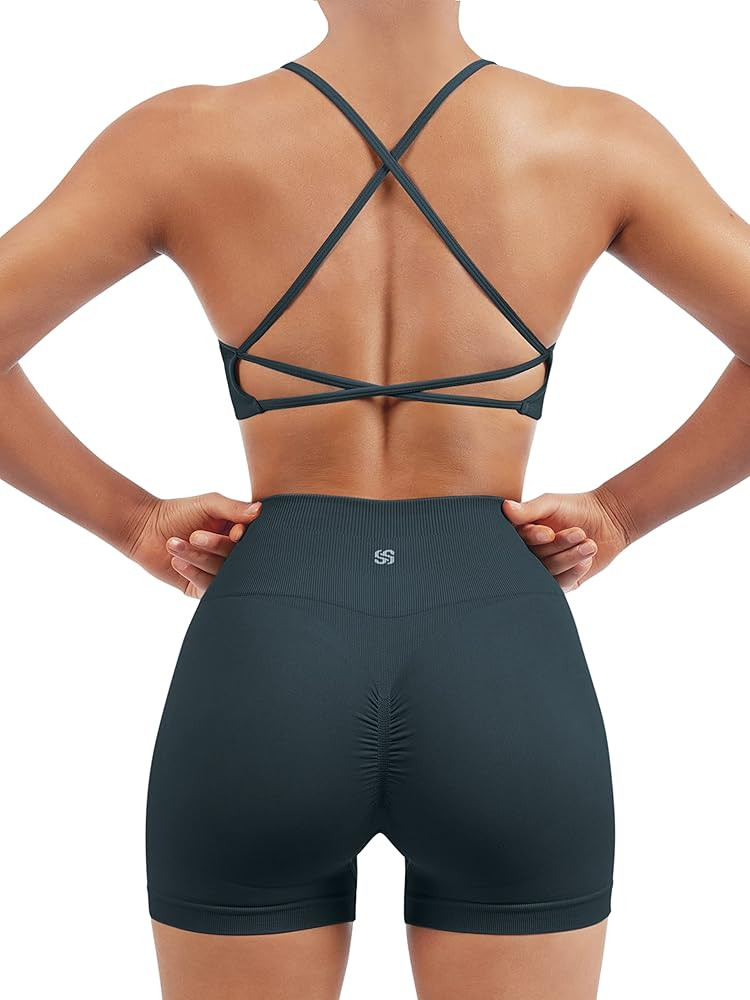 SUUKSESS Women Seamless Workout Sets Strappy Sports Bra High Waist Booty Shorts Outfits | Amazon (US)