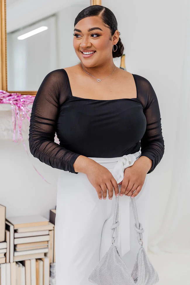 Ex's And Oh's Black Square Neck Mesh Sleeve Bodysuit | Pink Lily