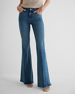 Mid Rise Dark Wash Twist Seam FlexX 70s Flare Jeans | Express