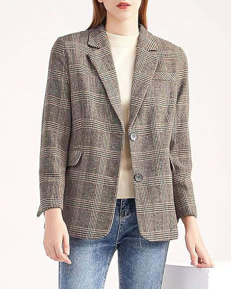 ebossy Women's Notch Lapel 2 Button Boyfriend Blazer Suit Houndstooth Plaid Jacket Coat | Amazon (US)