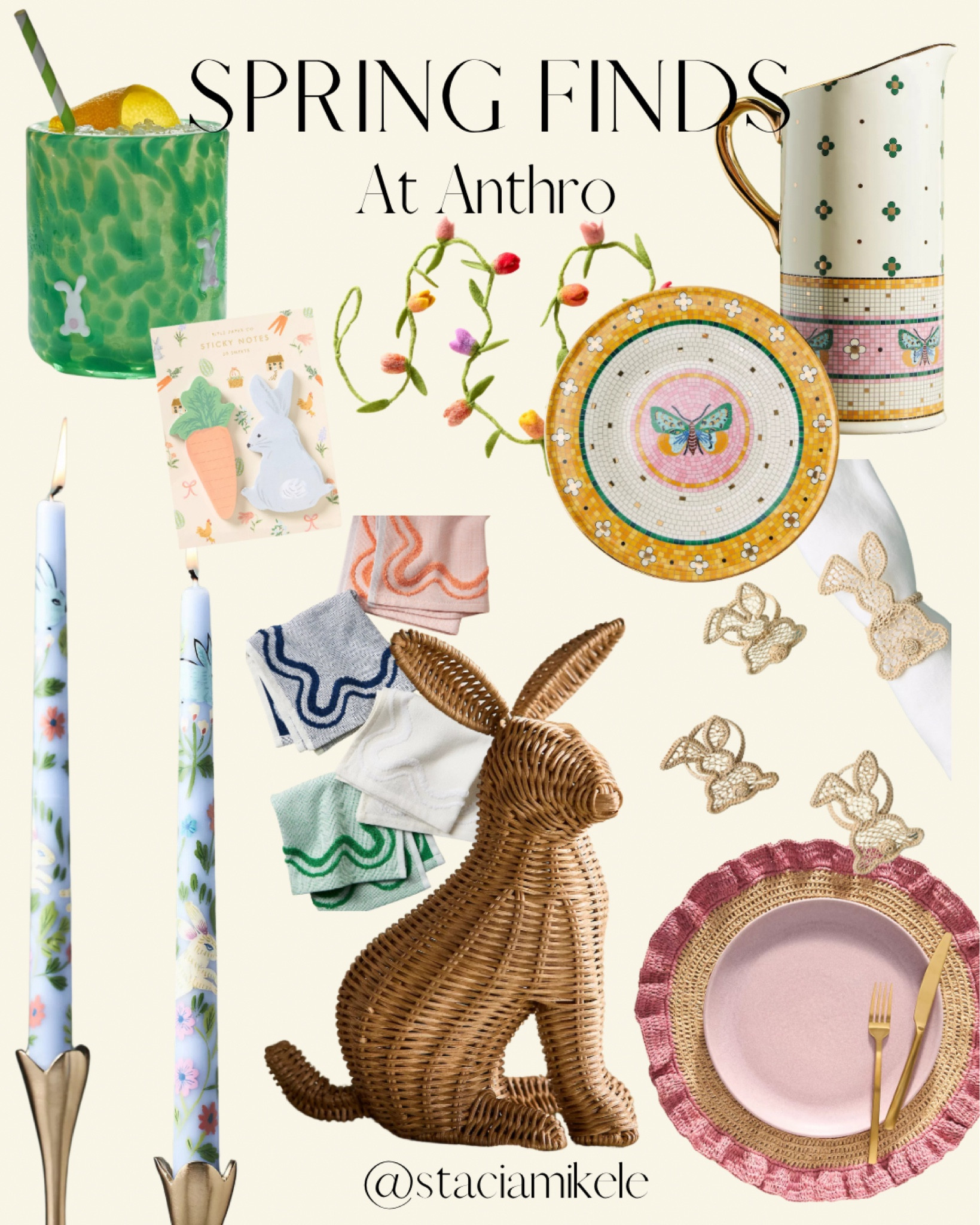 Anthropologie Easter and spring finds. Wicker bunny, bunny icon cups, felt garland, wicker napkin holders 