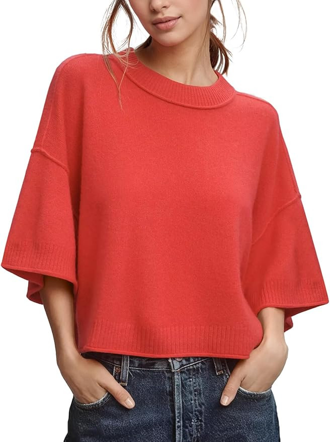 Womens Oversized Sweaters Summer Short Sleeve Casual Cropped Knit Tops | Amazon (US)