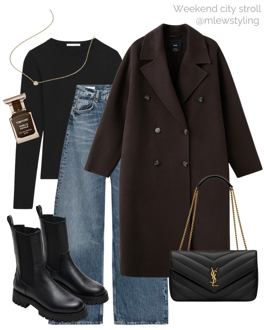 Winter outfit for a weekend city stroll 🖤

Tags: black Chelsea boots, mango chocolate brown wool coat, wide leg jeans, zara long sleeve tee, Tom ford perfume, Mejuri diamond necklace, capsule wardrobe, neutral aesthetic, ysl quilted bag 

#LTKootd #LTKGiftGuide #LTKHoliday
