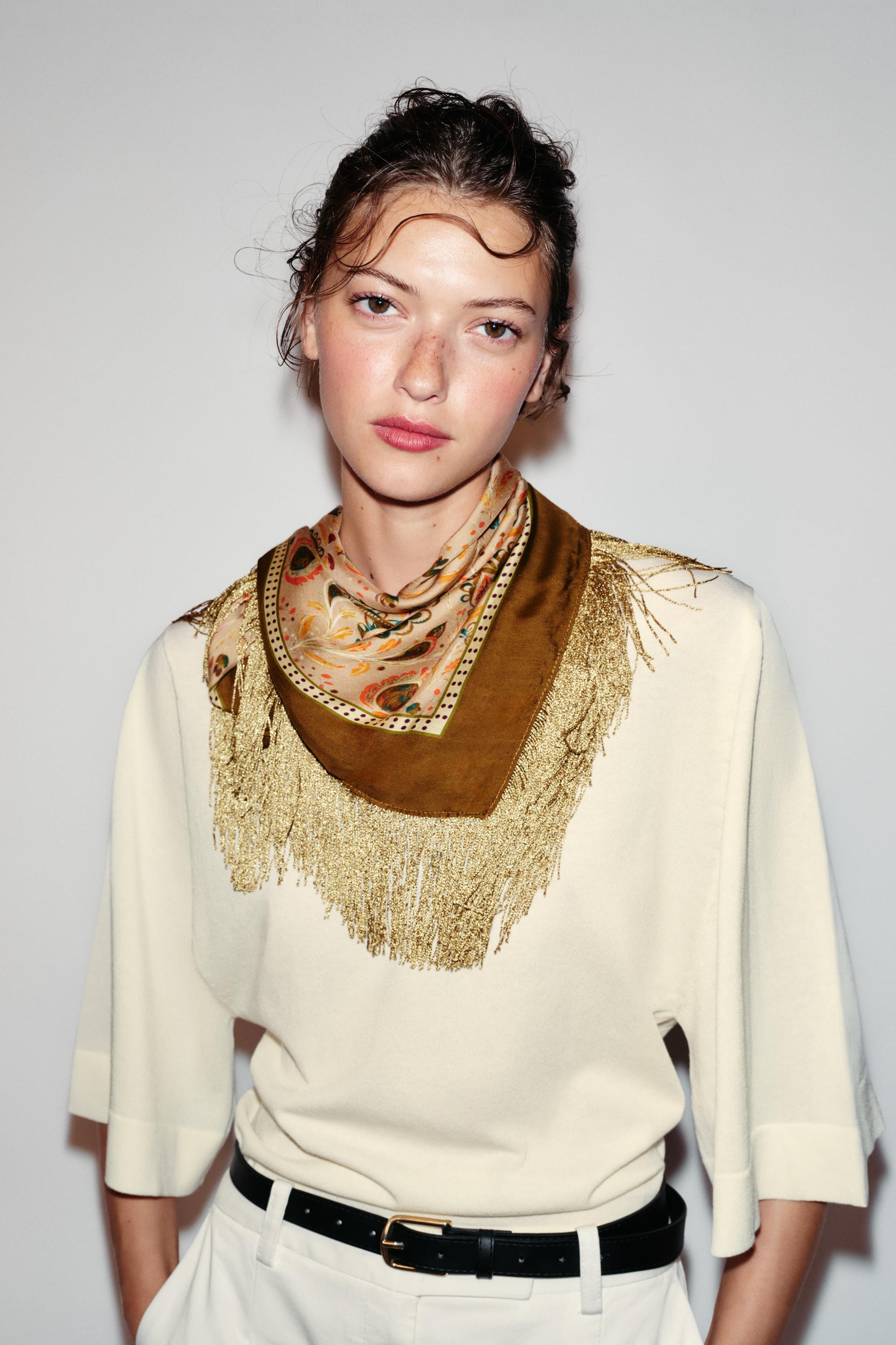Zara - Viscose Silk Fringed Printed Scarf - Ecru - M - Woman | Zara US