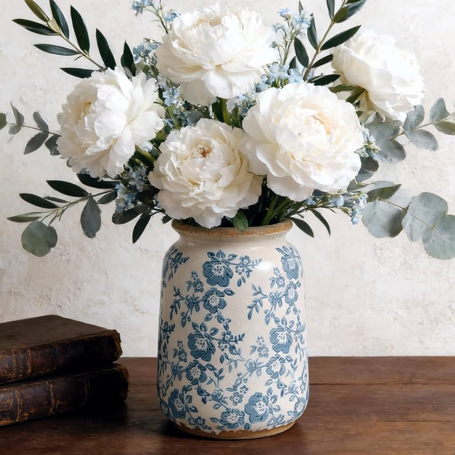 Ronasip Vintage Blue and White Chinoiserie Ceramic Vase, 6.9” Hand-Painted Peony Floral Design,... | Amazon (US)