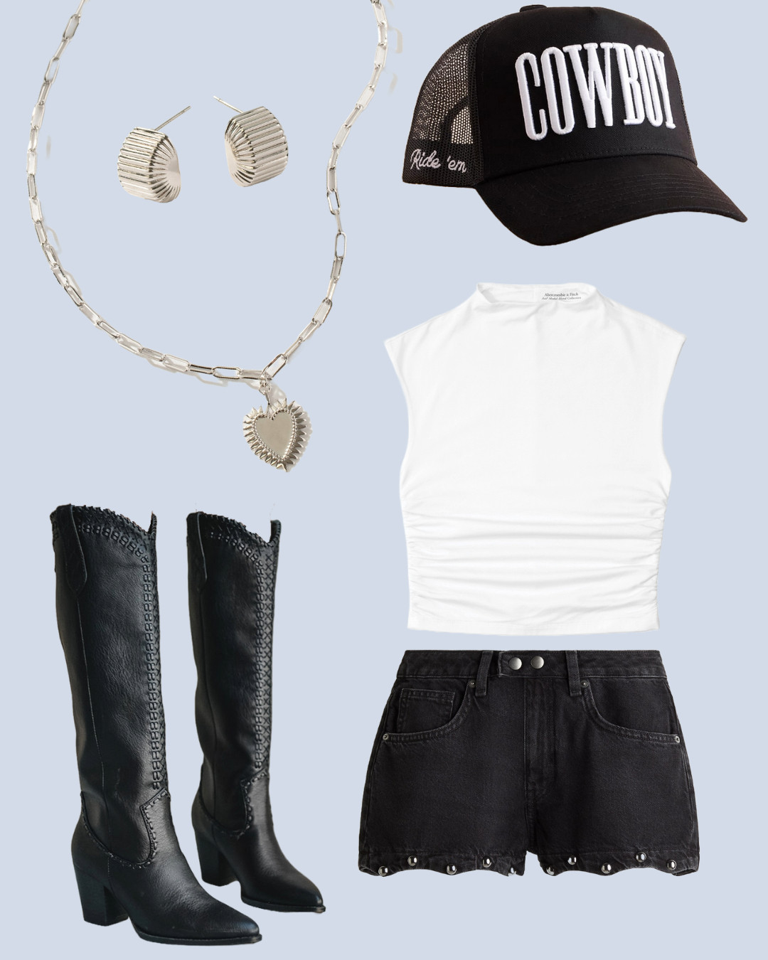 Country concert vibes, but make it edgy 🤍🖤 This western-inspired outfit features a crisp white top, black studded denim shorts, and bold black cowgirl boots for a look that’s equal parts classic country and cool-girl chic. Topped it off with a graphic trucker hat and silver jewelry for the ultimate concert-ready look. Perfect for Nashville nights, summer country concerts, or rodeo season ✨🤠

#CountryConcertOutfit #WesternStyle #StuddedShorts #CowgirlBoots #TruckerHatStyle #CountryOutfitInspo #ConcertReadyLook #NashvilleOutfit #CountryStyle #FestivalFashion #LTKConcertLook #SummerConcertOutfit #WesternFashion #CountryGirlStyle #LTKStyle #LTKfashion 

 #LTKSeasonal #LTKPetite #LTKStyleTip
