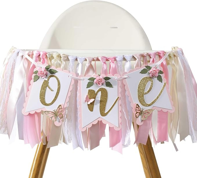 Pink and Gold High Chair Banner- Floral and Butterfly One Highchair Banner, 1st Birthday Party De... | Amazon (US)