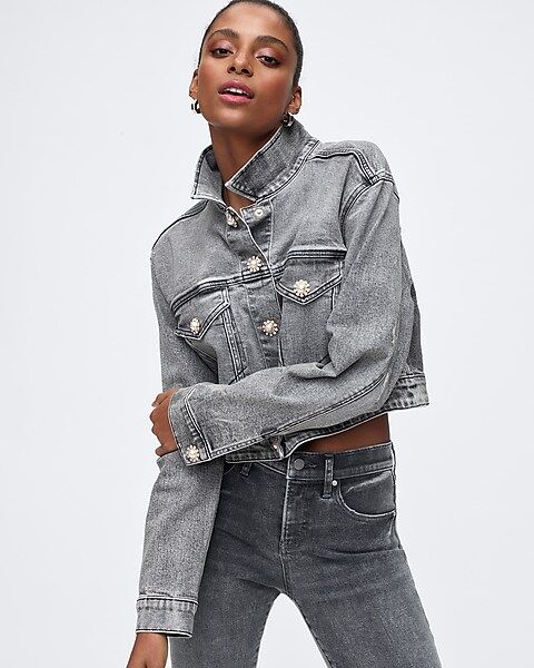 Embellished Gray Wash Cropped Denim Trucker Jacket | Express