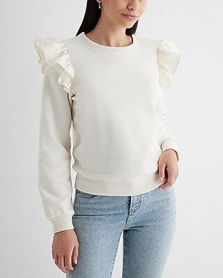 Skimming Crew Neck Poplin Ruffle Shoulder Fleece Sweatshirt | Express
