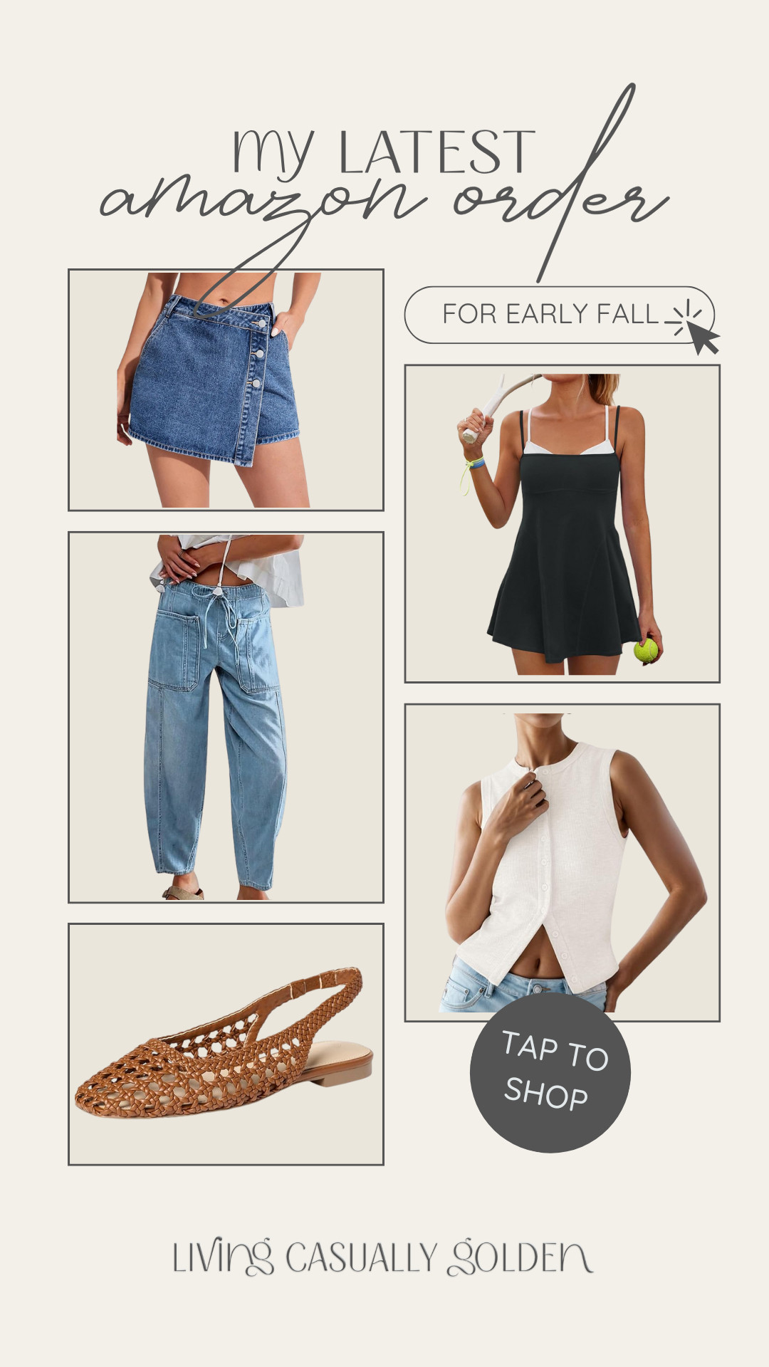 Cannot wait to style these pieces for early fall! Sizing: M in denim skort, S in tennis dress, M in stretchy barrel denim, M in white button tank, and sandals tts. #founditonamazon 

 
