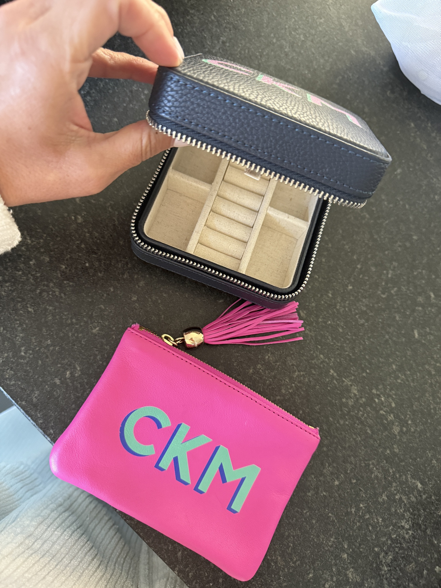 Monogrammed travel jewelry case and the cutest leather pouch…use it as a wallet, a coin purse, or throw it inside your favorite bag. These make perfect gifts as well!