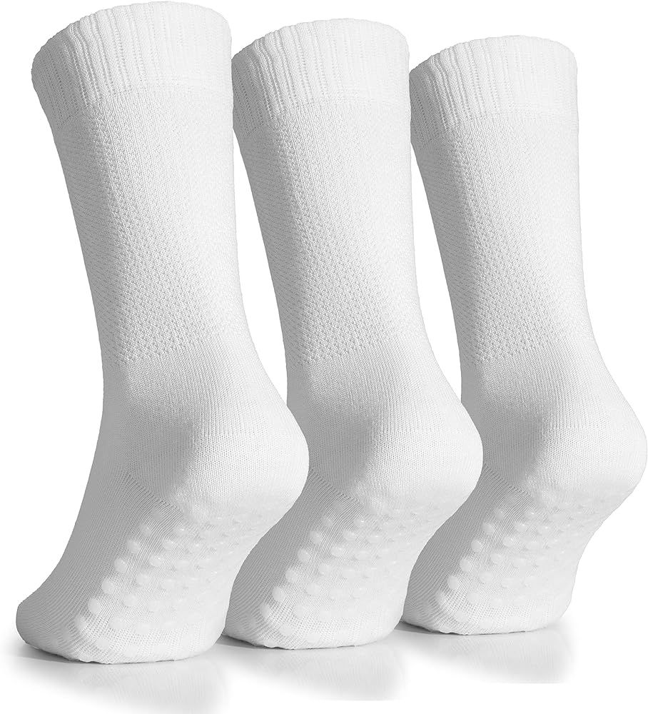 Hugh Ugoli Women's Soft Bamboo Non Slip Grip Crew Socks | Wide, Loose Fit & Diabetic Hospital Soc... | Amazon (US)