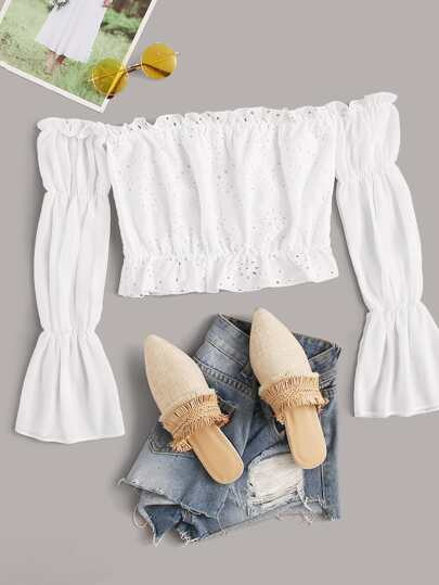 Embroidered Eyelet Off Shoulder Blouse | SHEIN