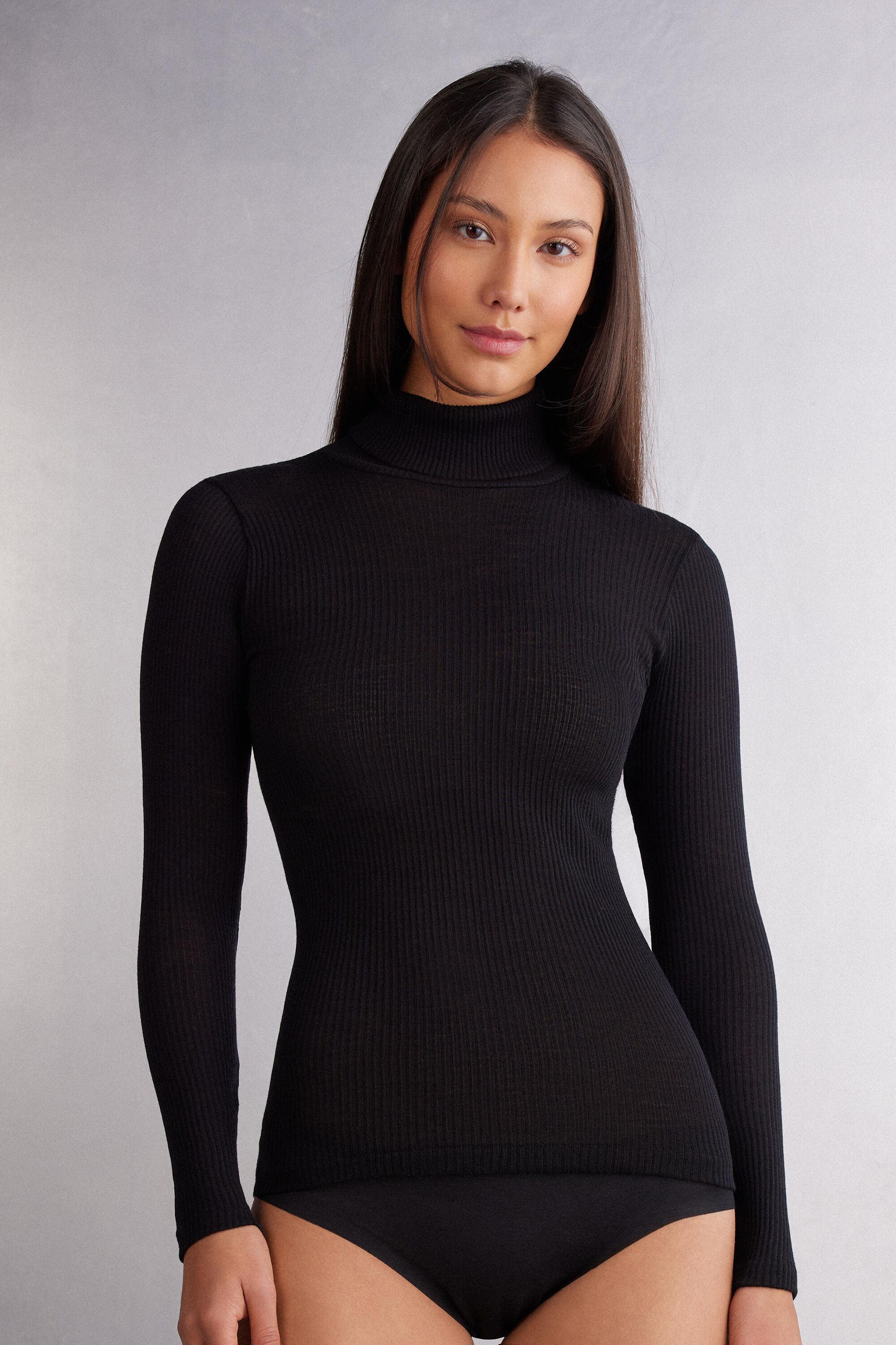 Long-sleeve High-Neck Tubular Top in Wool and Silk | Intimissimi (US)