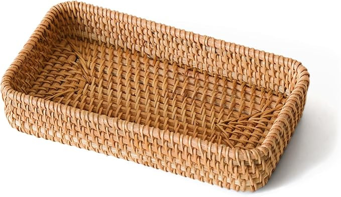 Small Rattan Serving Tray, Natural Wicker Decorative Tray Handwoven for Keys Trinkets Rings Cosme... | Amazon (US)