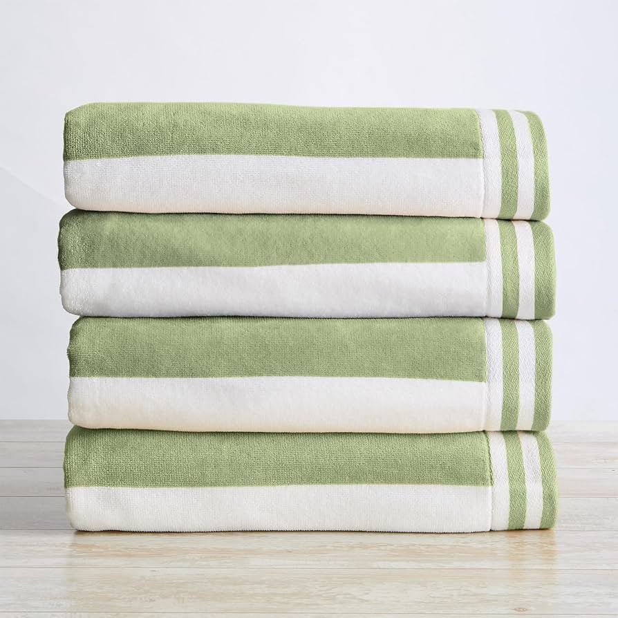 Amazon.com: Great Bay Home 100% Cotton Velour 4 Pack Beach Towels - Green/White Cabana Stripe Poo... | Amazon (US)