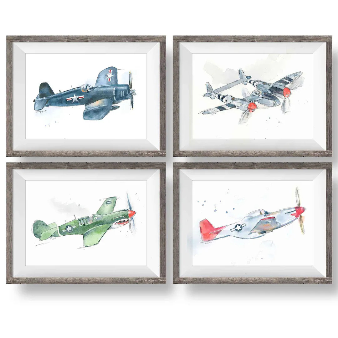 Set of 4 WWII Airplane Prints, F4U, P38, P40, P51, Military Fighter Planes, Wall Art, Gift for Da... | Etsy (US)