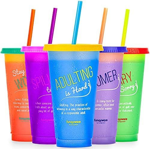 Color Changing Cups with Lids and Straws for Adults - 5 Reusable Cute Cups in Bright Colors, 24oz Pl | Amazon (US)
