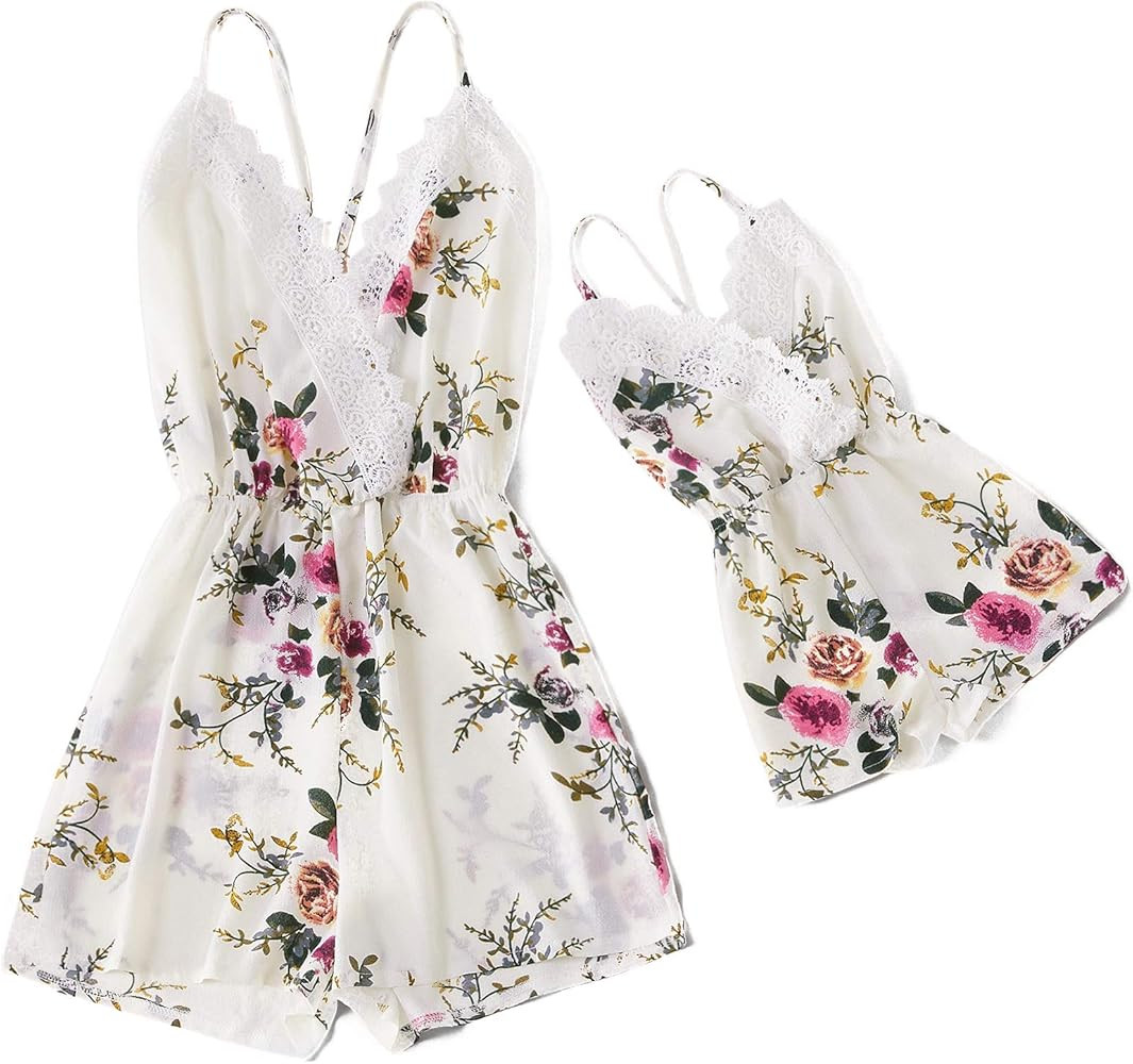 Mommy and Me Matching Jumpsuit Outfits Floral Printed V Neck Romper Beachwear | Amazon (US)