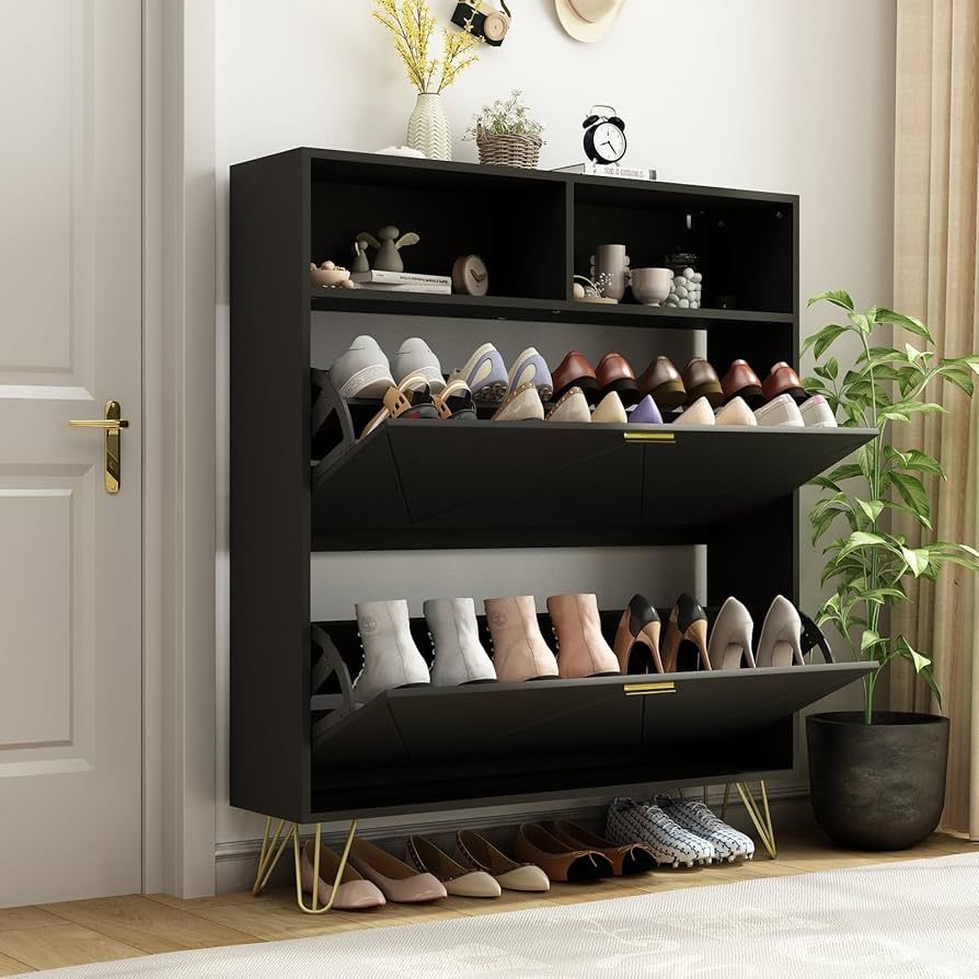 Shoe Cabinet with 2 Flip Drawers, Shoe Storage Cabinet for Entryway Slim, Hidden Black Shoe Stora... | Amazon (US)