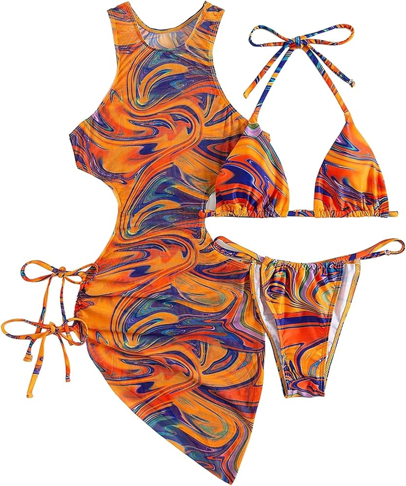 3 Piece Swimsuits for Women Padded Floral Print String Bikini Sets Bathing Suit Set Sexy Cutout H... | Amazon (US)