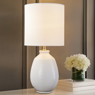 C Cattleya 19.75in. White Bubble Glaze Ceramic Table Lamp with White Linen Shade and Brushed Nickel Lamp Neck | Target