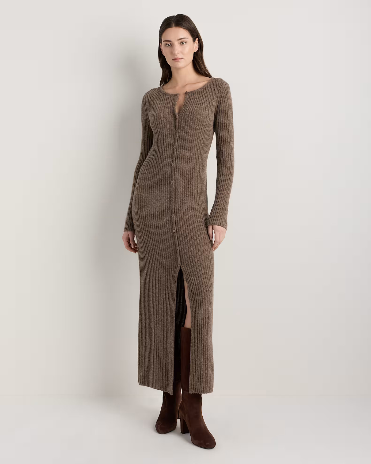 100% Yak Wool Ribbed Cardigan Sweater Dress in Heather Brown | Quince