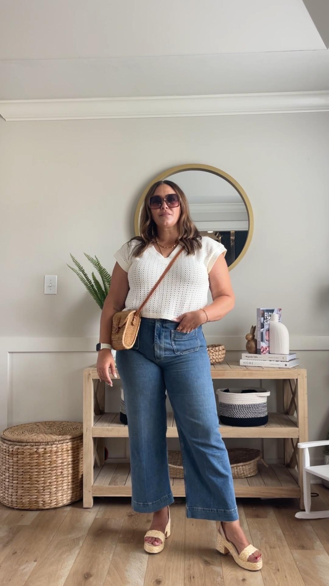 Madewell top, size large, raffia sandals, denim size 31

#LTKcurves #LTKxAnthro #LTKstyletip