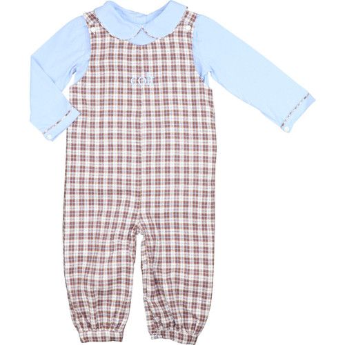 Blue And Brown Plaid Long Romper (Shirt Included) | Cecil and Lou