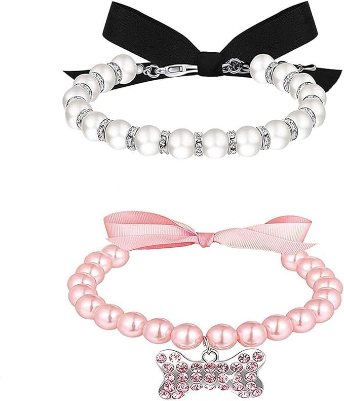 Dog Pearl Necklace, Small Dog Cat Diamond Dog Pearls Necklace Jewelry Pet Pearl Necklace Set Neck... | Amazon (US)