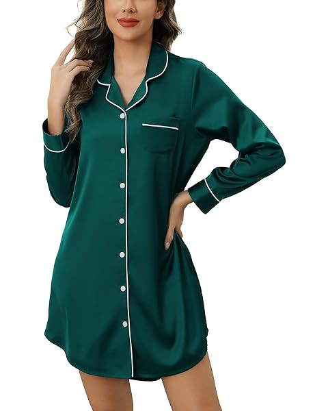 SWOMOG Women's Satin Sleep Shirt Long Sleeve Sleepwear Silk Nightshirt Button Down Pajama Top | Amazon (US)