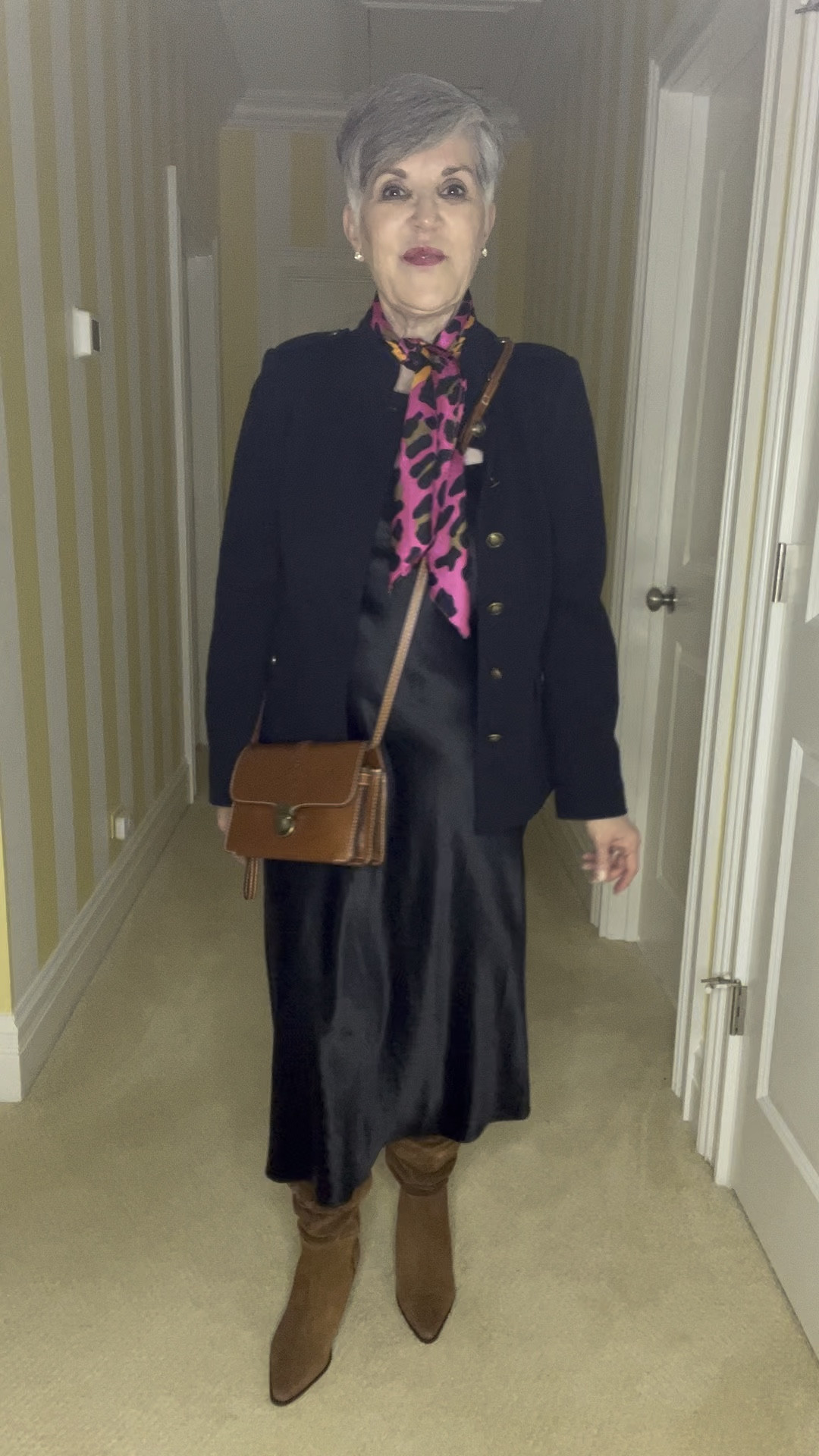 Great @vince slip dress (low stock, so I also posted another great option), pink leopard 🐆 scarf, similar black military jacket, terrific brown bag and boots.
#ltkstyletip
#ltkworlwear
#ltkover50
#ltksalealert
#LTKMostLoved 

#LTKsalealert #LTKVideo