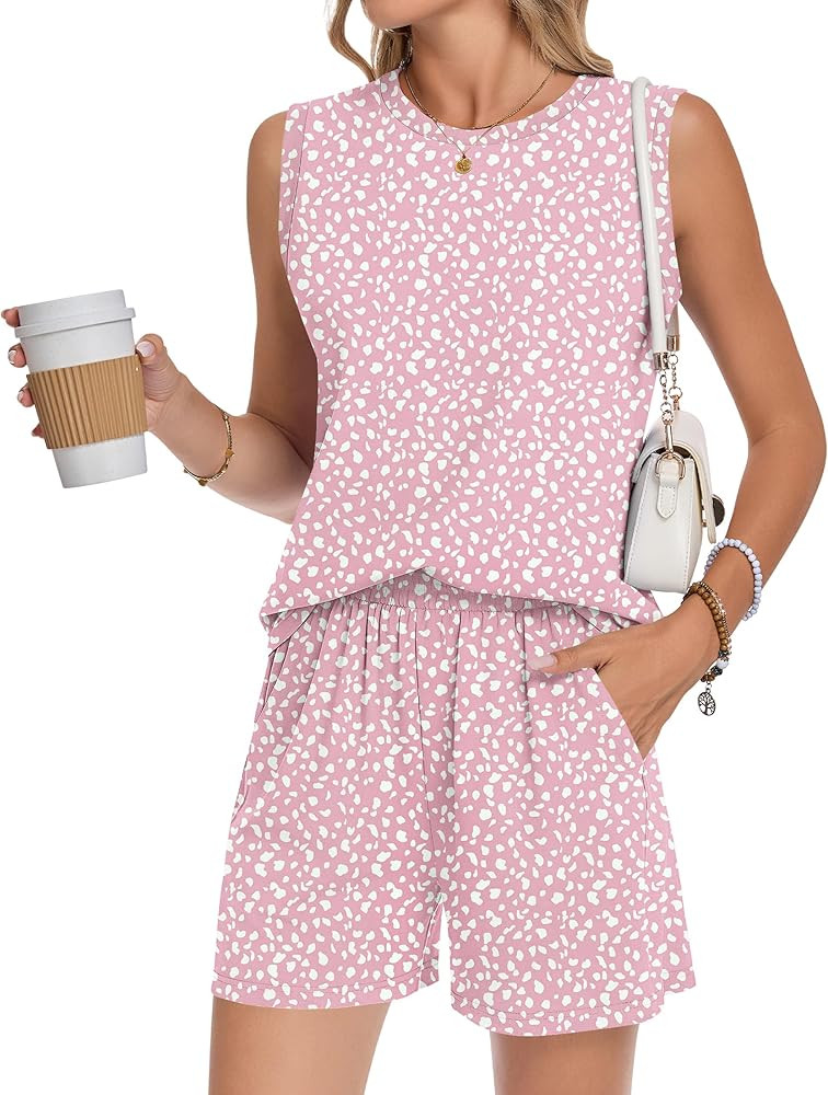 AUSELILY 2 Piece Sets for Women 2026 Summer Casual Crew Neck Sleeveless Pleated Shorts Set Resort... | Amazon (US)