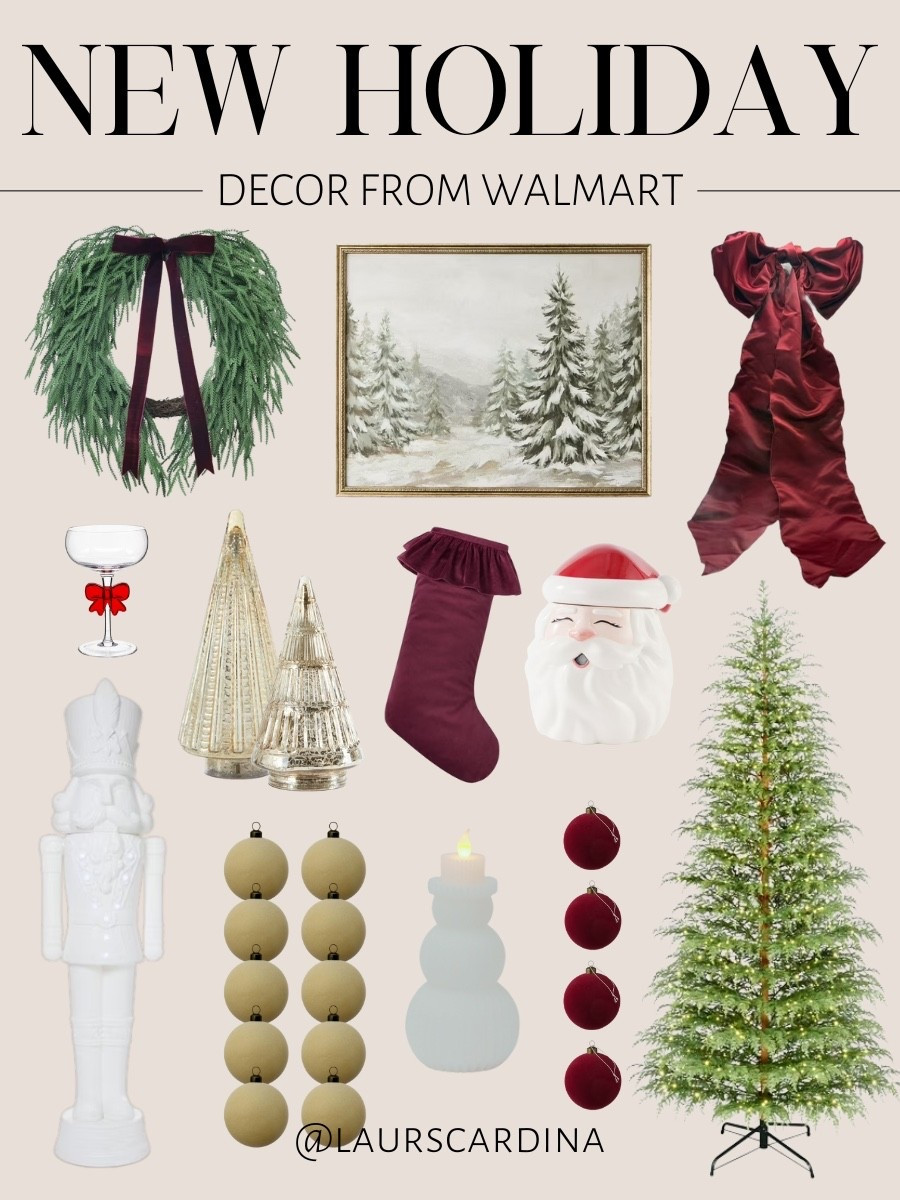 New holiday decor from Walmart includes a Norfolk pine wreath, Christmas tree picture, a giant bow tree topper, holiday cocktail glass, glass trees, a stocking, Santa cookie jar, a 6’ nutcracker, flocked ornaments, lighted candle snowman, and a 9’ pre-lit tree.

#LTKFindsUnder50 #LTKHome #LTKSeasonal