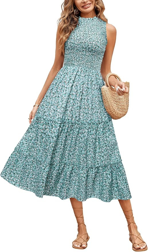 SOLERSUN Women‘s Floral Midi Dresses Sleeveless Smocked Flowy Tiered A Line Beach Party Sundres... | Amazon (US)
