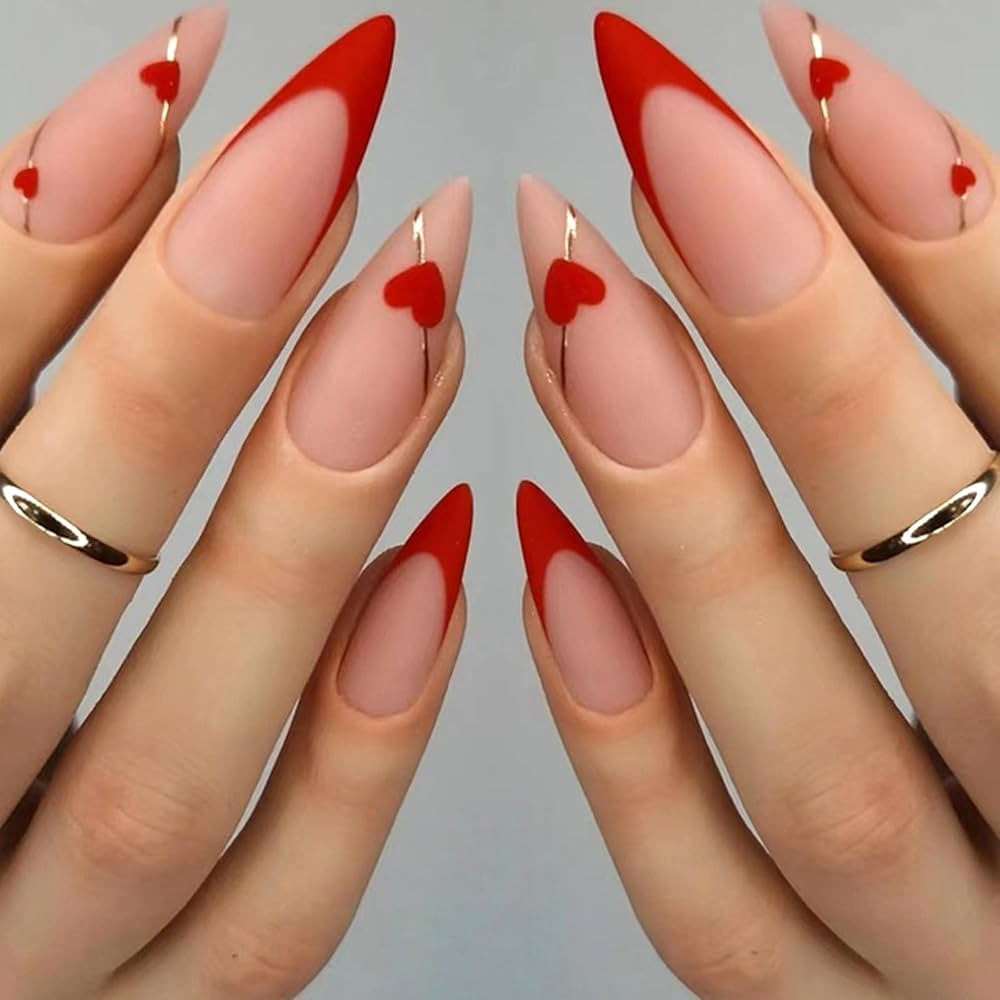 Valentine's Day Press on Nails Medium Almond Fake Nails with Red Heart & Golden Lines Designs Red... | Amazon (US)