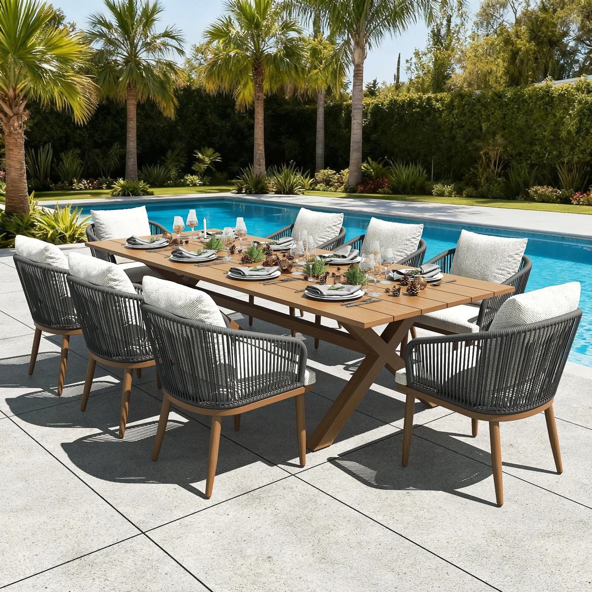 9 Pieces Outdoor Dining Set Woven Rope Wicker Patio Dining Set With Rectangular Aluminum Table An... | Wayfair North America