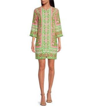 Botanical Placement Print Split V-Neck 3/4 Sleeve Zip Front Dress | Dillard's